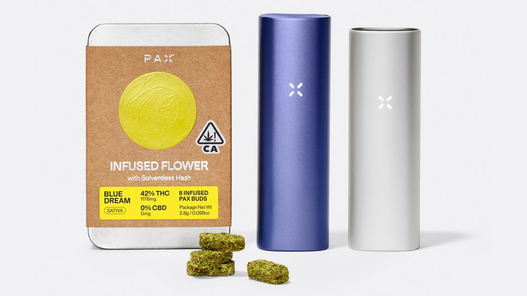 PAX Infused Flower Pucks with PAX devices beside