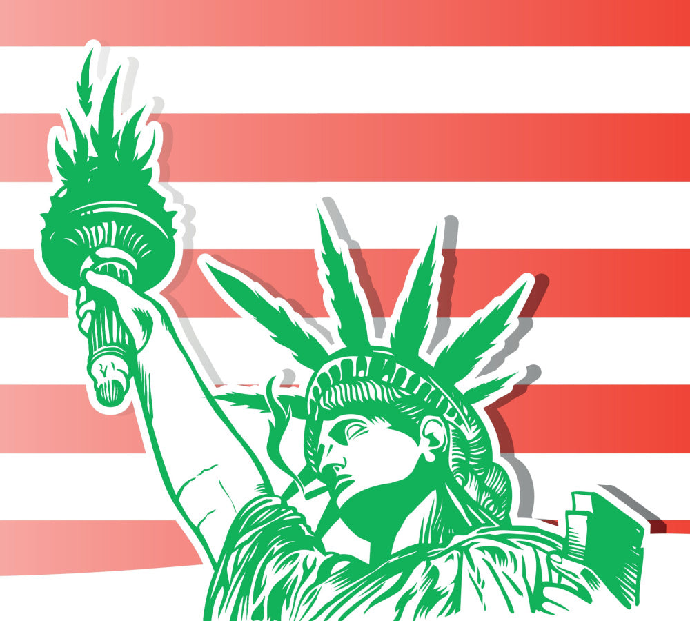 The Statue of Liberty wearing a cannabis crown, holding a cannabis torch