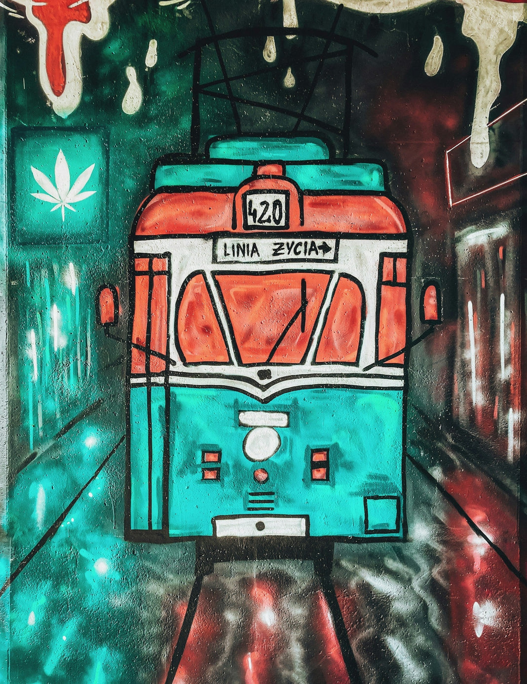 Drawing of a subway (the 420 line) with a cannabis sign